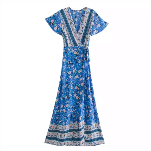 Boho Floral Gypsy Print 60’s Maxi Wrap Dress - Picture 4 of 12